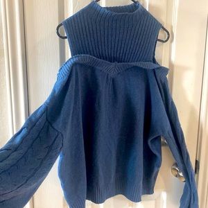 Bare Shoulder Blue knit sweater. Size L, never worn. Fall wardrobe!